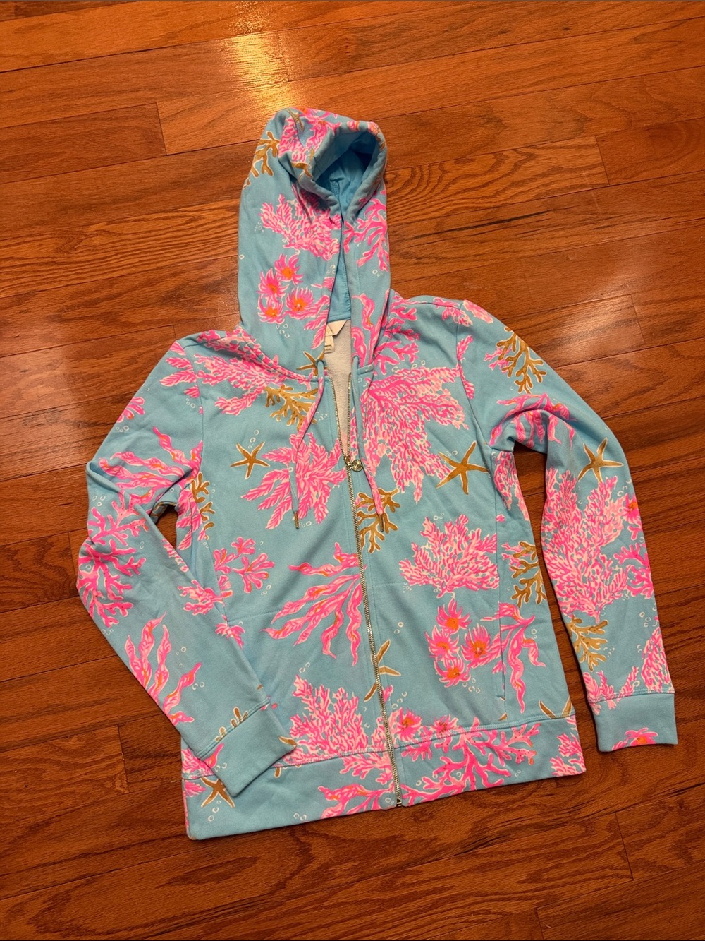 Lilly Pulitzer Aqua Hoodie with Pink Coral & Gold Starfish Print